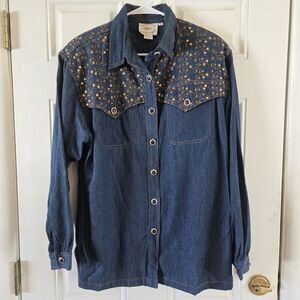 Vintage Country Wear Denim Western Shirt Gold Embroider Sequins Sz 12 Rodeo Chic